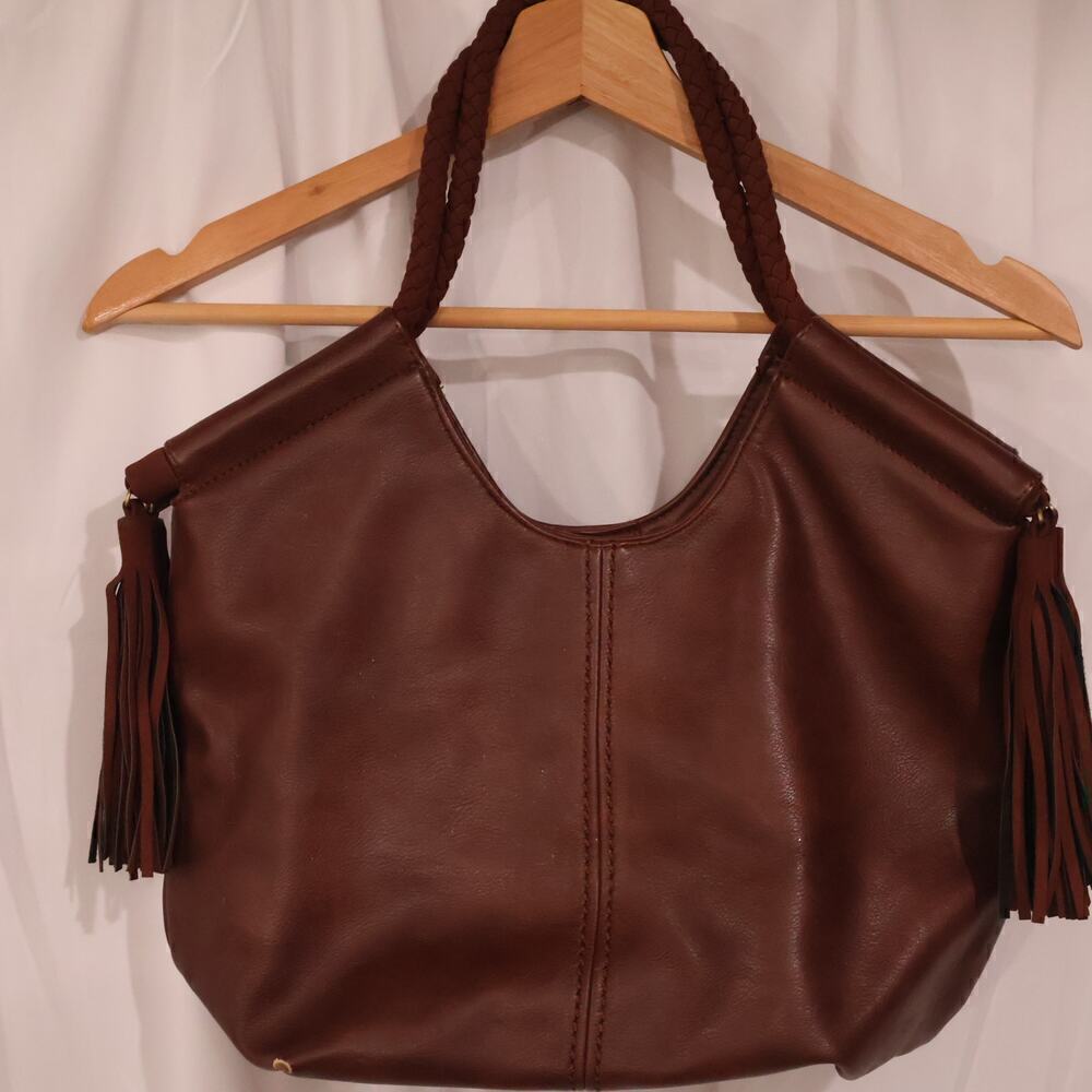 Street Level Bag Chocolate Brown Pom Pom top sides Snap Top Faux Leather